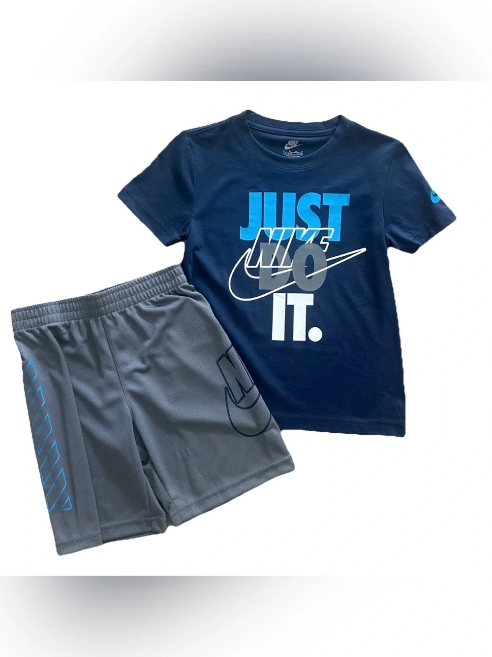 Nike Boys Size 6 2 Piece Set NWT Tee & Shorts Logo Athletic Outfit Blue Gray